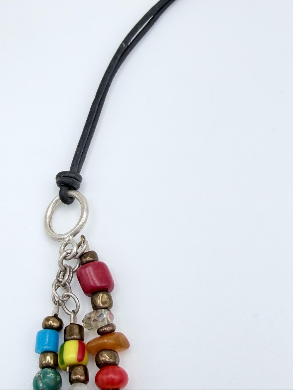 Vintage Peyote Bird Sterling 3-Strand Leather Multi-Stone Blown Glass Necklace - Picture 11 of 16